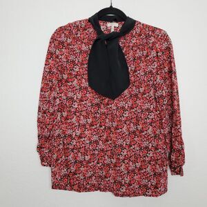 Joie Womens Top Size XS Silk Ditsy Floral 3/4 Sleeve Red Pink Black Scarf Tie